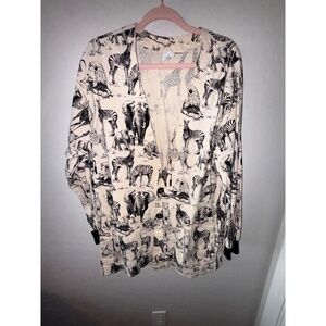 Scrubs Womens L Black And Cream Open‎ Front Animal Print Long Sleeve Modern Chic